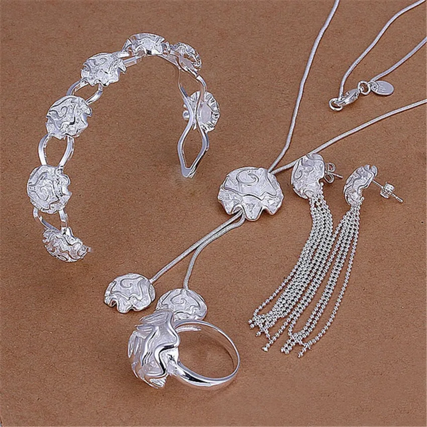 

925 Sterling Silver Jewelry set rings Bracelets necklaces earring stud for women rose flower bangle Party wedding Christmas gift