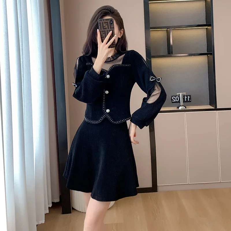 Женский вельветовый комплект из двух предметов модный сетчатый элегантный топ с