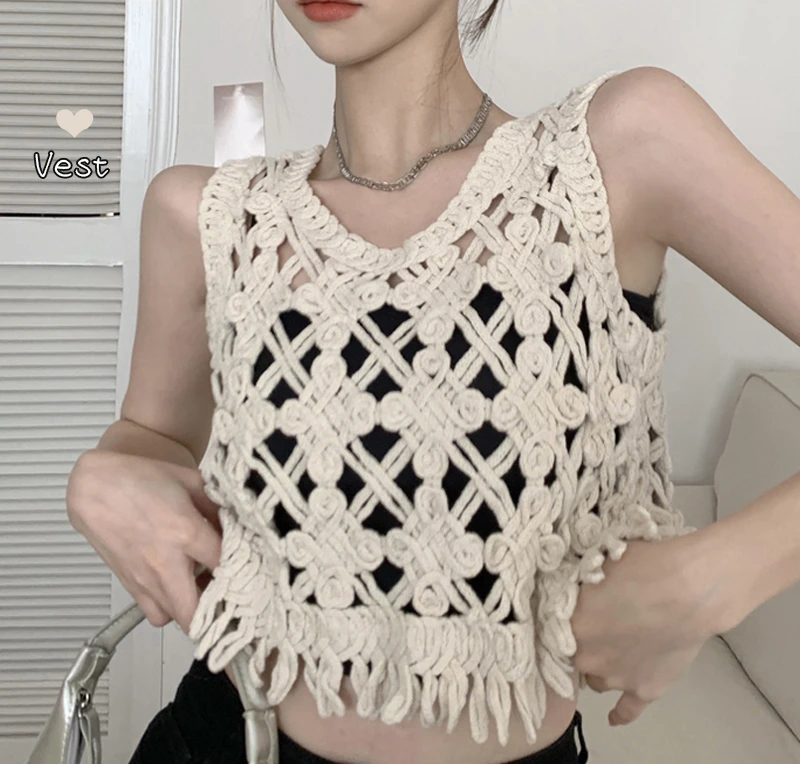 

Hollow Crocheted Tank Top Woman Summer Sexy Loose Korean Fashion Knitted Tanks Sleeveless Camisole Female Crop Tops Dropshipping