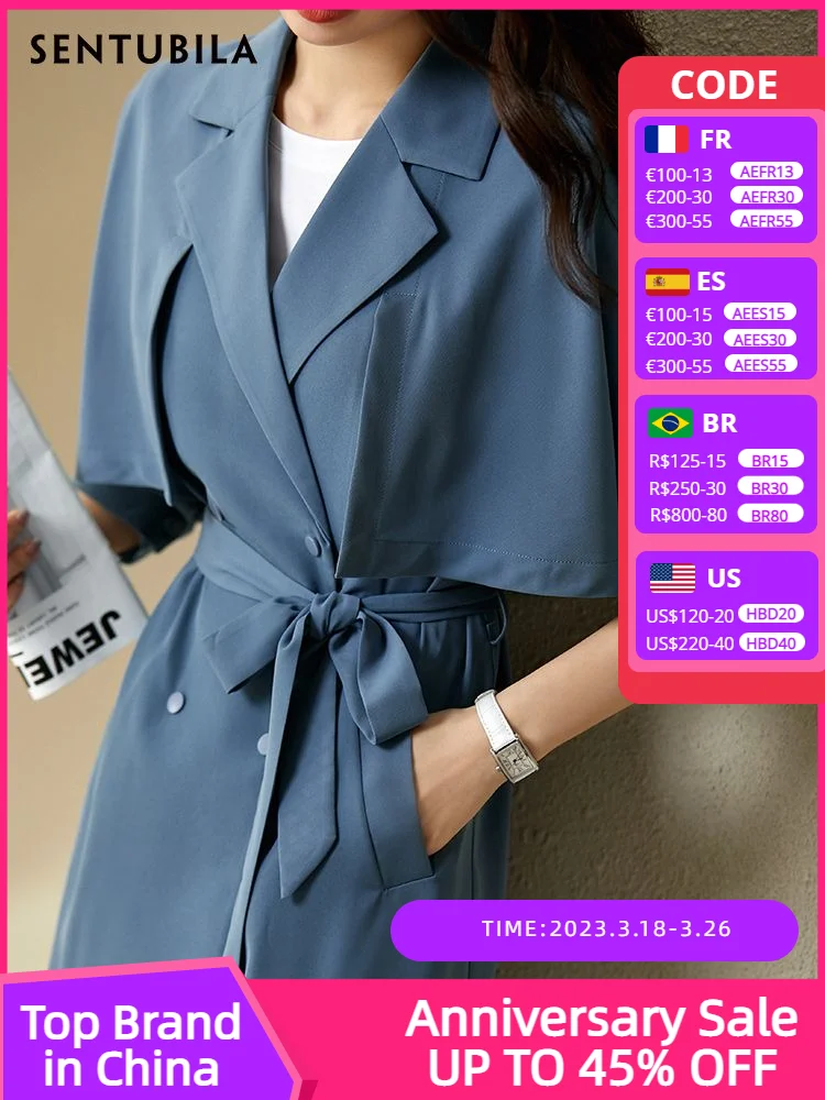 

Длинный тренчкот Sentubila для женщин, Офисная Женская Элегантная Модная однотонная двубортная весенняя куртка с поясом, верхняя одежда, 2023