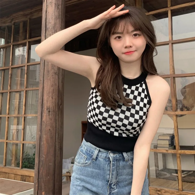 

Black and White Checkerboard Knitted Camisole Woman Haulter Top Omighty Camis Female Sleeveless Korean Fashion Tank Dropshipping