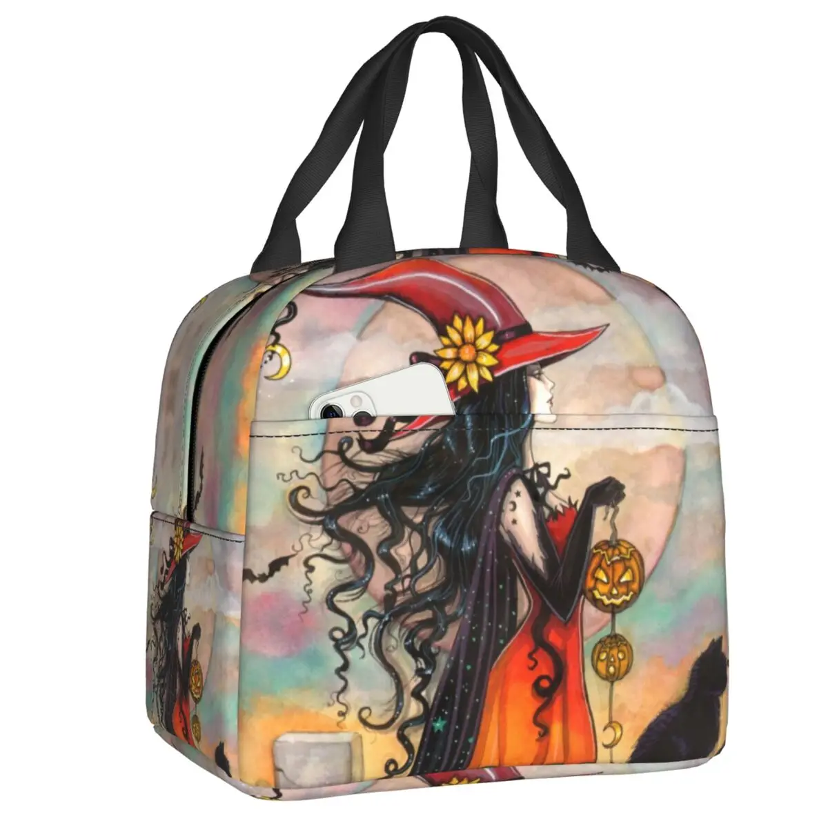 

Custom Halloween Witch And Black Cat Fantasy Art Lunch Bag Men Women Warm Cooler Insulated Lunch Boxes for Student School