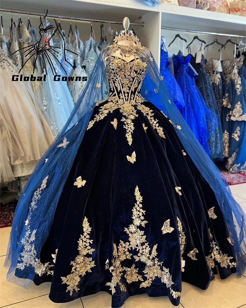

Navy Blue Sweetheart Ball Gown Quinceanera Dress For Girls Beaded Appliques Sweet 16 Birthday Party Gowns With Cape