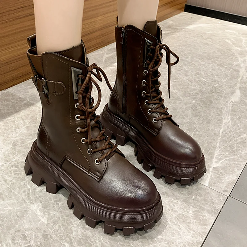 Round toe square heel cross lace women's boots for fall/winter 2022 new fashion platform side zipper women's casual ankle boots