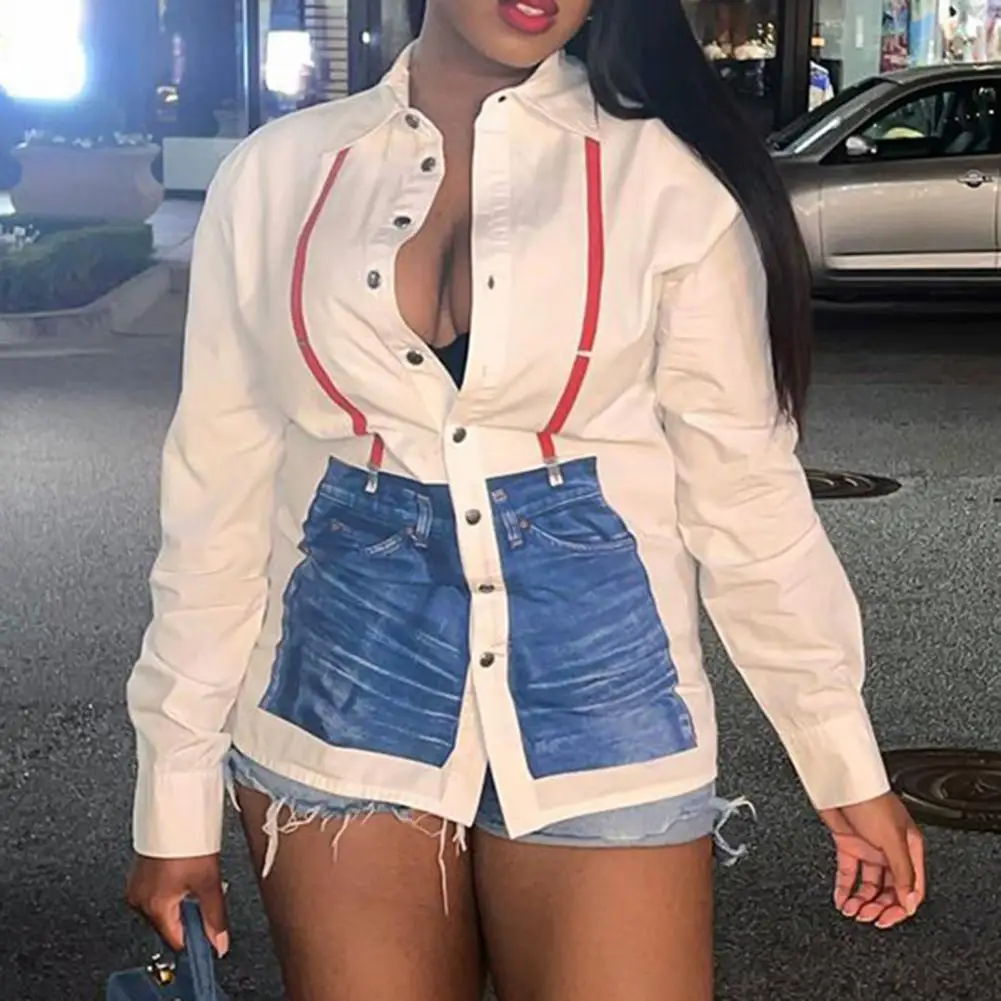 

Женский однобортный джинсовый кардиган с отложным воротником и длинным рукавом