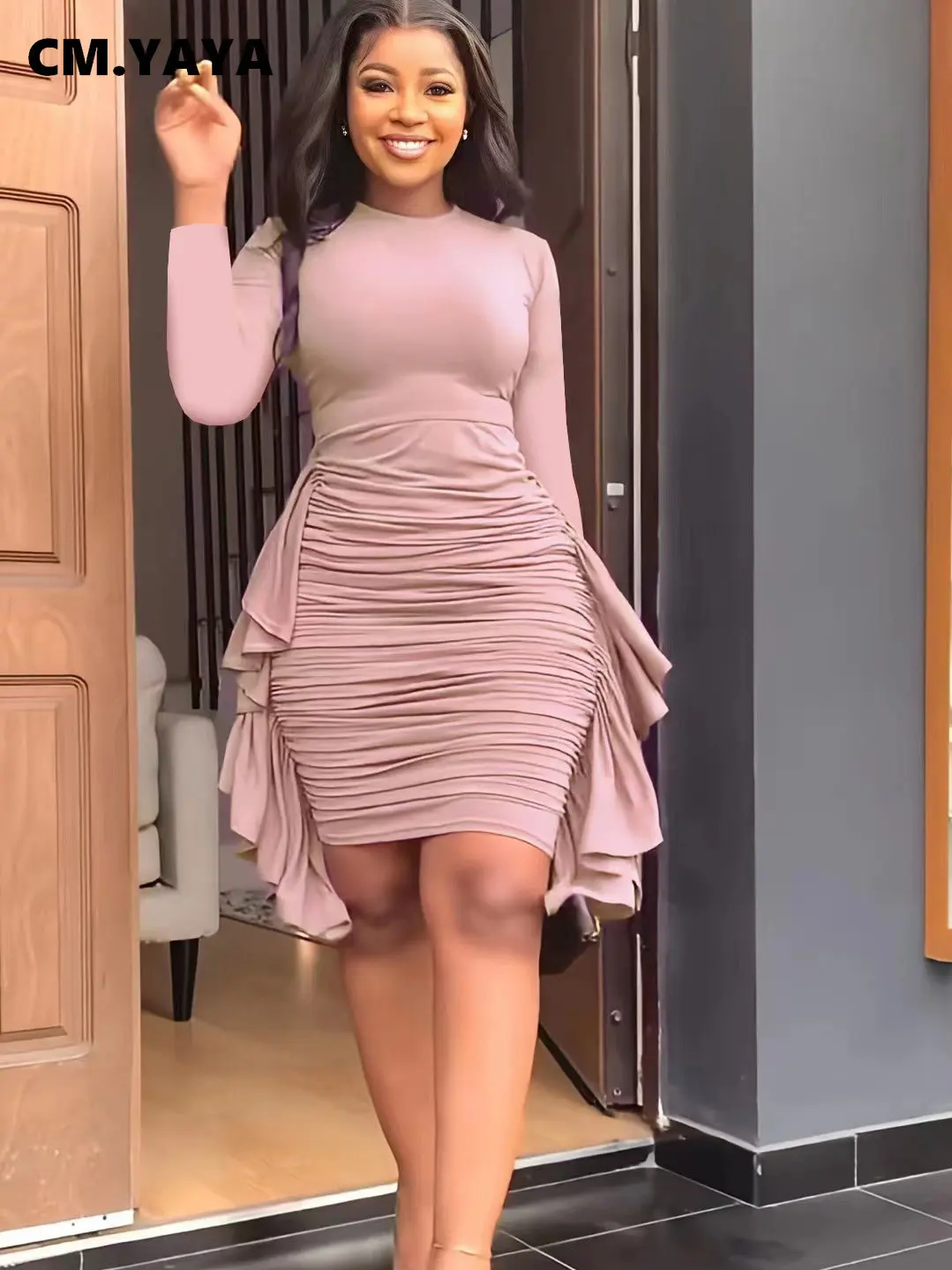 

Женское облегающее платье миди CM.YAYA с оборками по бокам и рюшами, новинка сезона осень-зима 2022, Бандажное многослойное платье O-nec с длинным р...