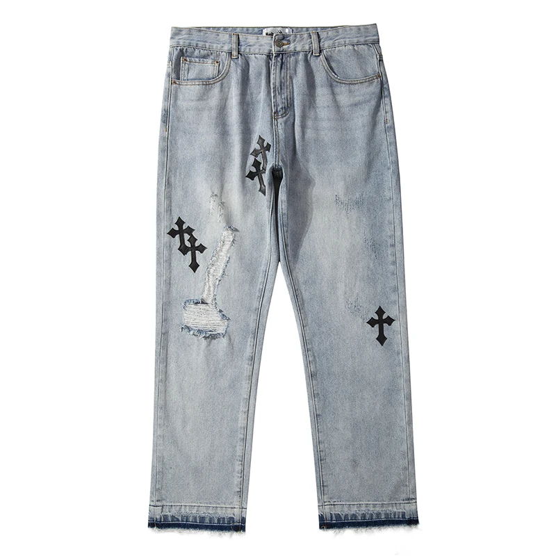Mens High Street Casual Washed Straight Oversize Jeans Pants 2022 New Unisex Ripped Retro Hole Cross Embroidery Denim Trousers