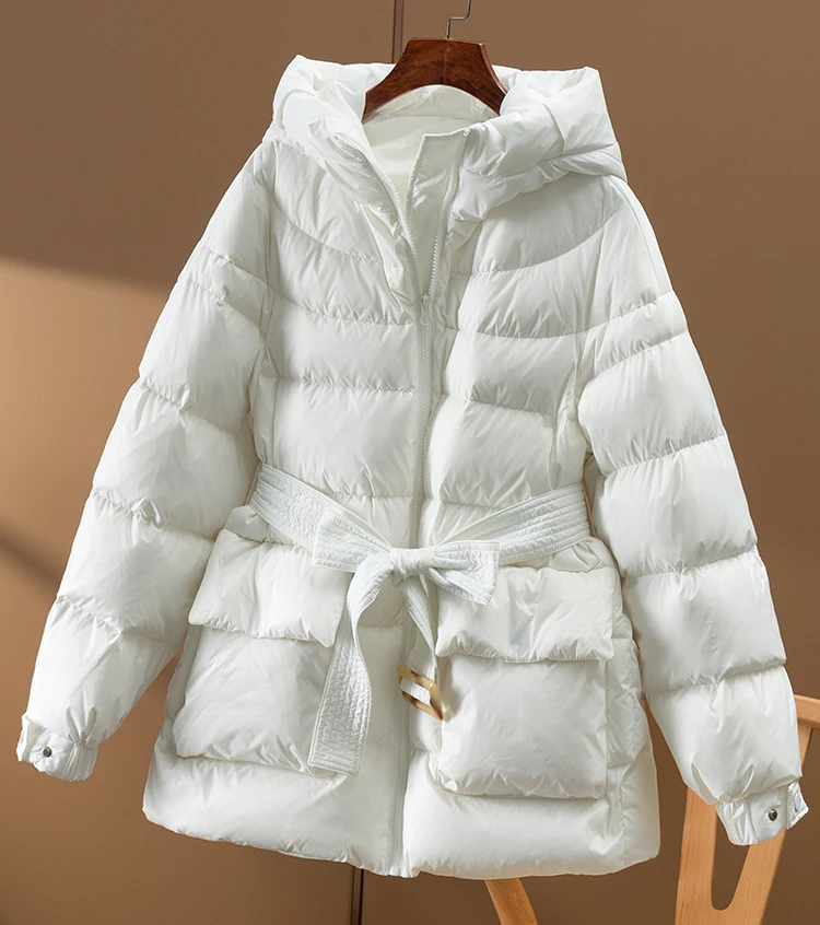 High Quality Abrigos Mujer Invierno 85% White Goose Down Down Jacket Women Hooded Autumn/Winter Wide-waisted Adjustable Waist