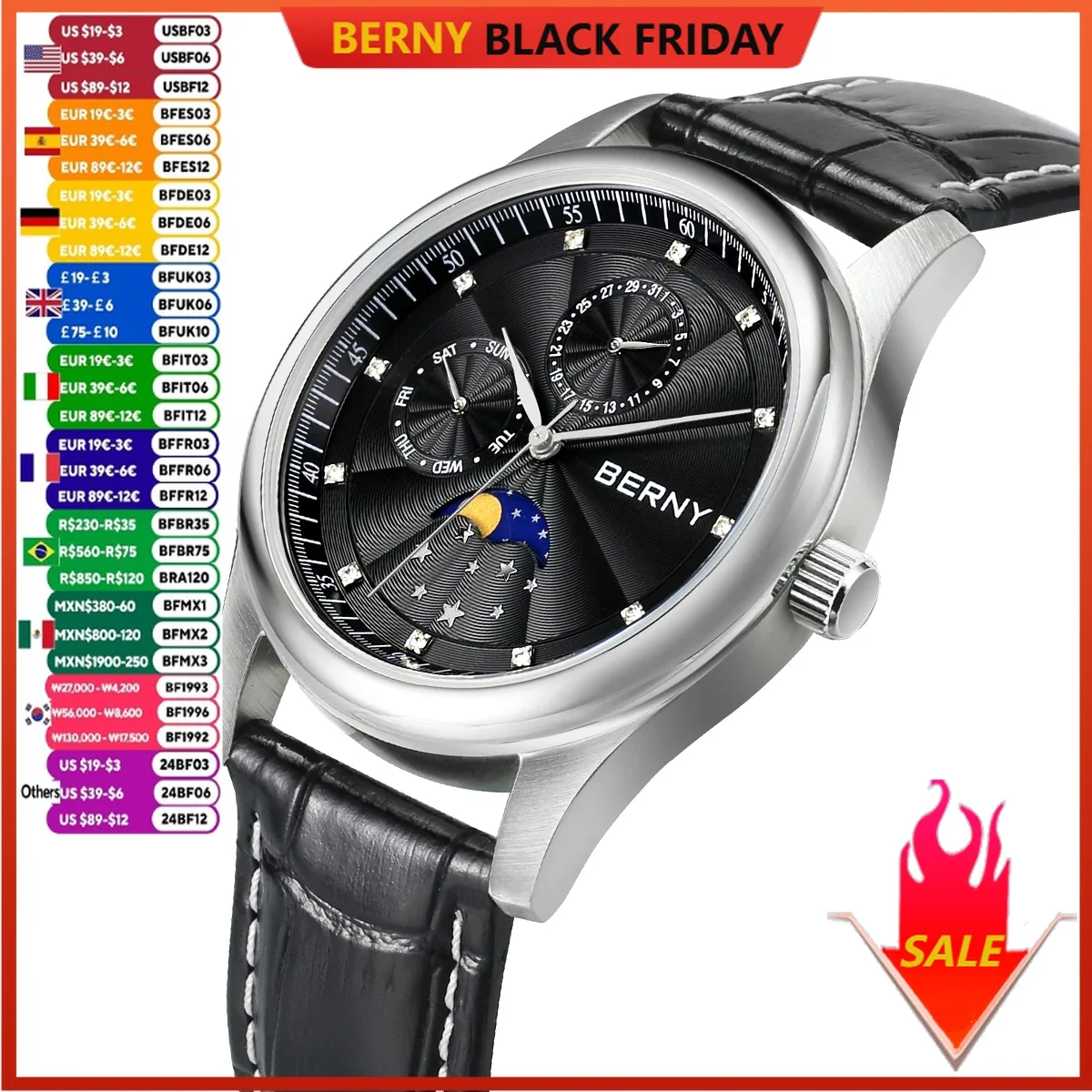 Мужские наручные кварцевые часы BERNY цвет в ассортименте
