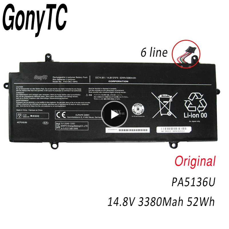

GONYTC 6 Lines 14.8V 52WH PA5136U-1BRS Laptop Battery for Toshiba Portege Z30 Z30-A Z30-AK04S Z30-A1301 Z30-B K10M Z30-C PA5136U