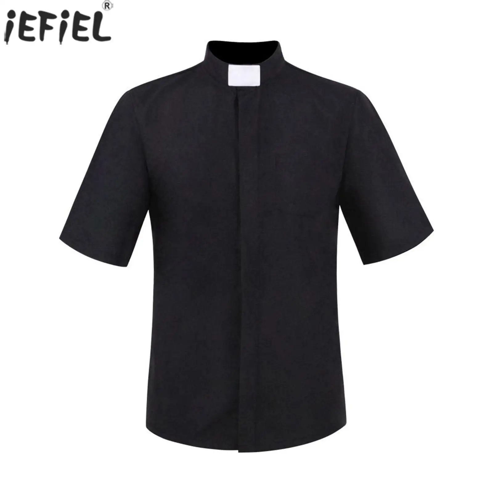 

Halloween Mens Priest Cosplay Shirts Clergy Shirt Church Costumes Black Short Sleeve Contrast Tag T-Shirt Preacher Role Play Top