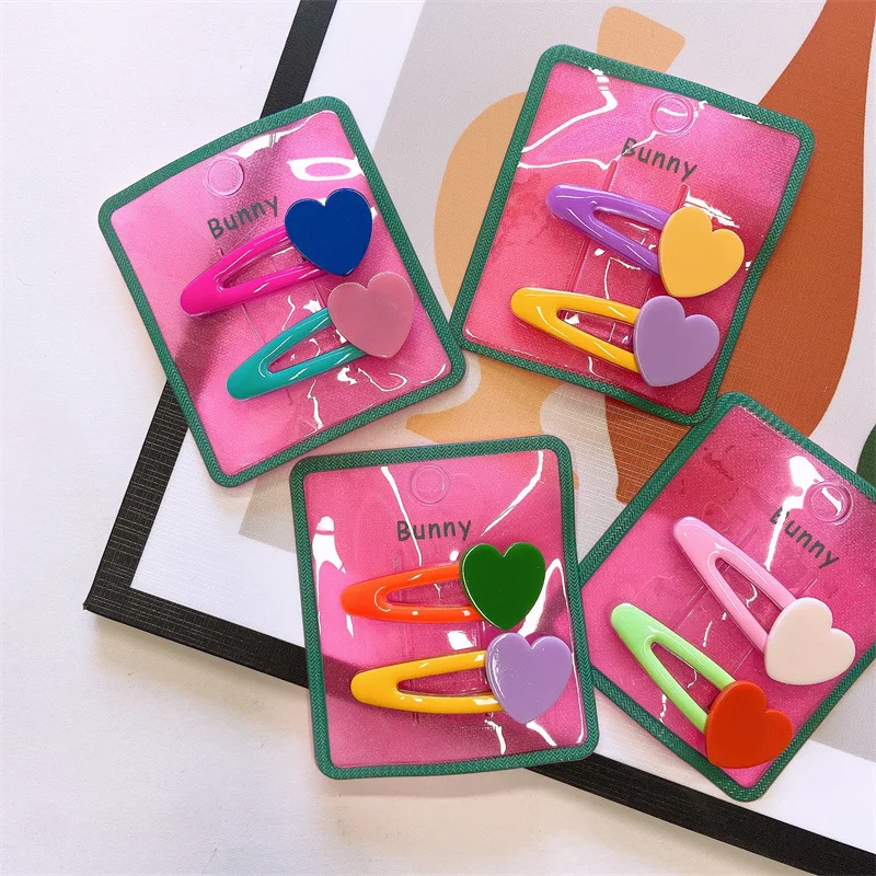 2pcs Korean Kawaii Colorful Heart Hair Pin Princess Candy Color Hair Clips for Children Headwear Girls Kids Hair Accessories
