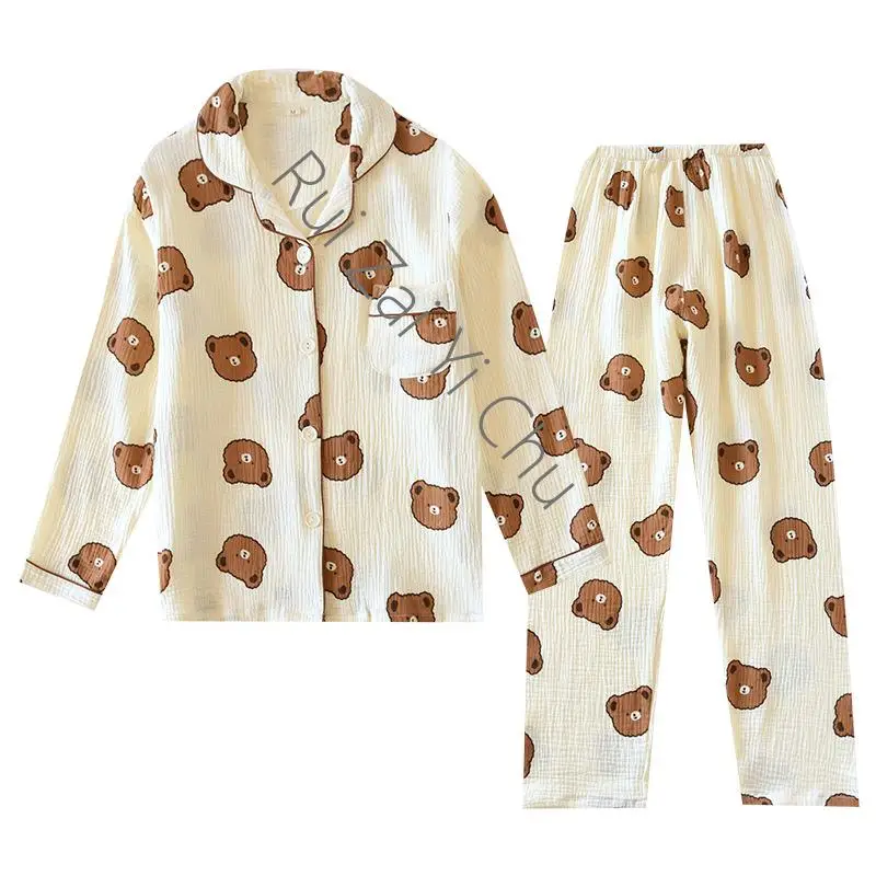 100% Cotton Yarn Couple Long Sleeve Pajamas Home Clothes Women and Men Thin Bear Print Sleepwear Two Piece Set Spring Pyjamas