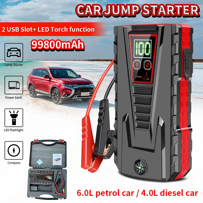 99800mAh Car Jump Starter Power Bank 12V Car Booster Charger Starting Device Petrol Diesel Vehicle Emergency Starting Power