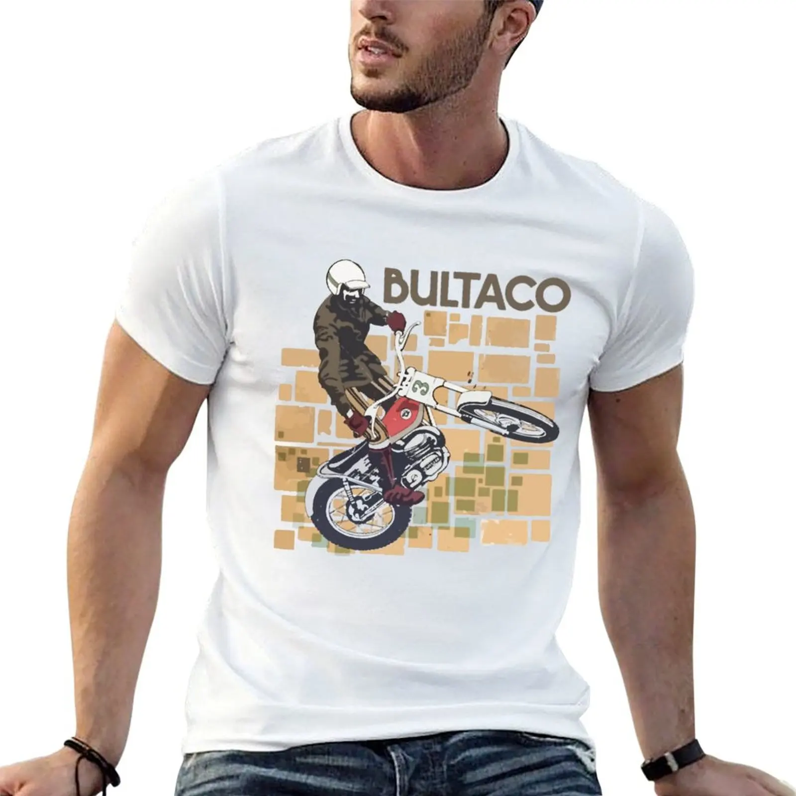 Фото Мужская футболка Camiseta Bultaco Rider man En Acción, хлопковая футболка, рубашки, винтажная футболка с рисунком Moto для Saltando №1