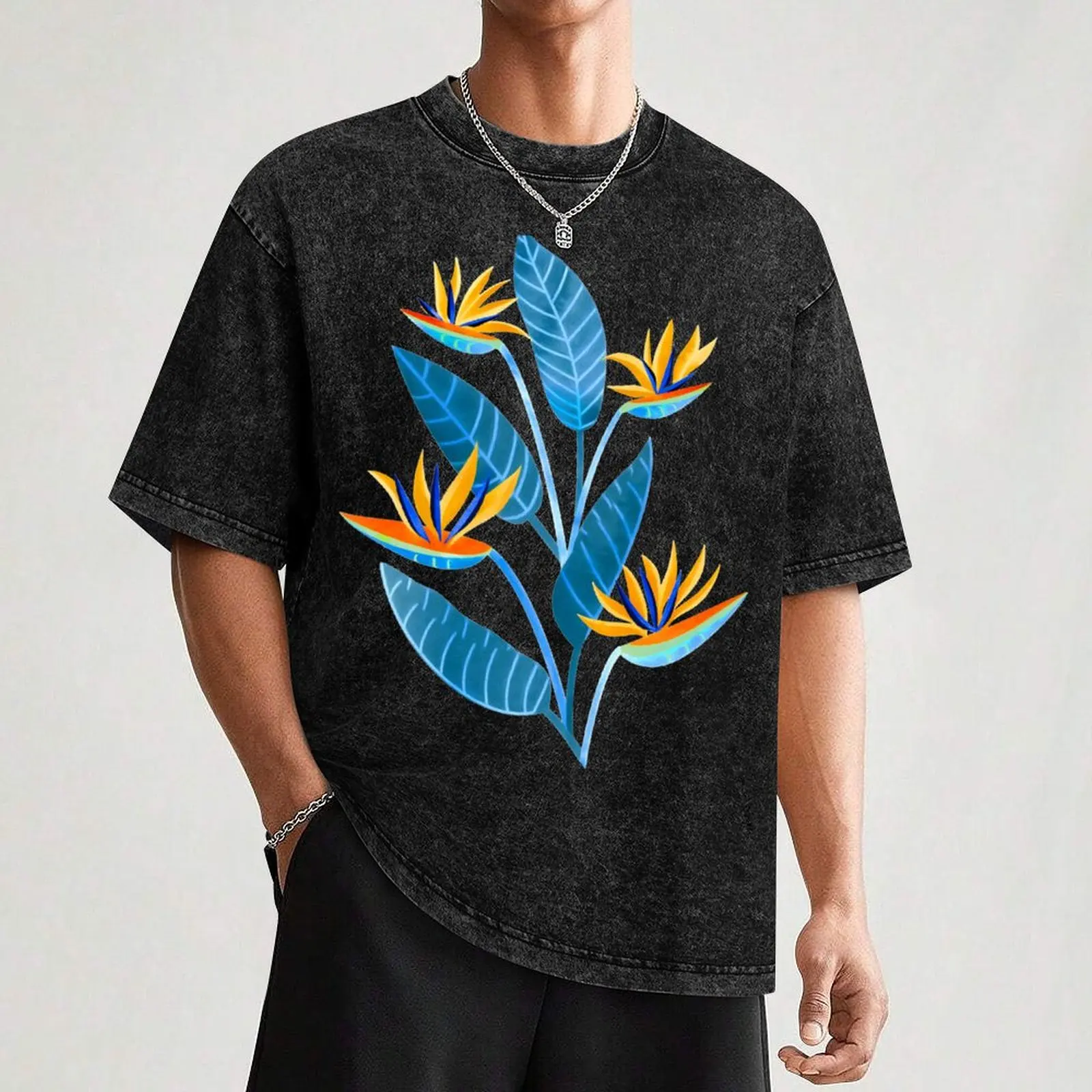 Strelitzia Flowers-кобальтовая синяя футболка футболки с прикреплением