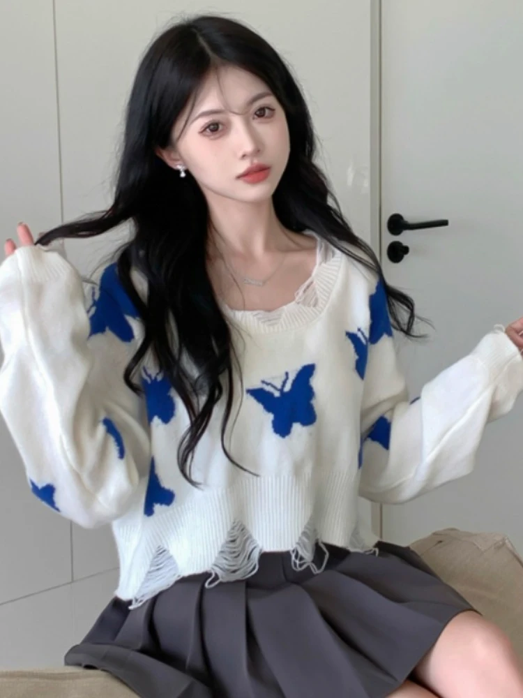 

Винтажная одежда в стиле Харадзюку Y2k, жаккардовые свитеры в стиле панк, готика, с дырками, бабочками и круглым вырезом, женские укороченные ...