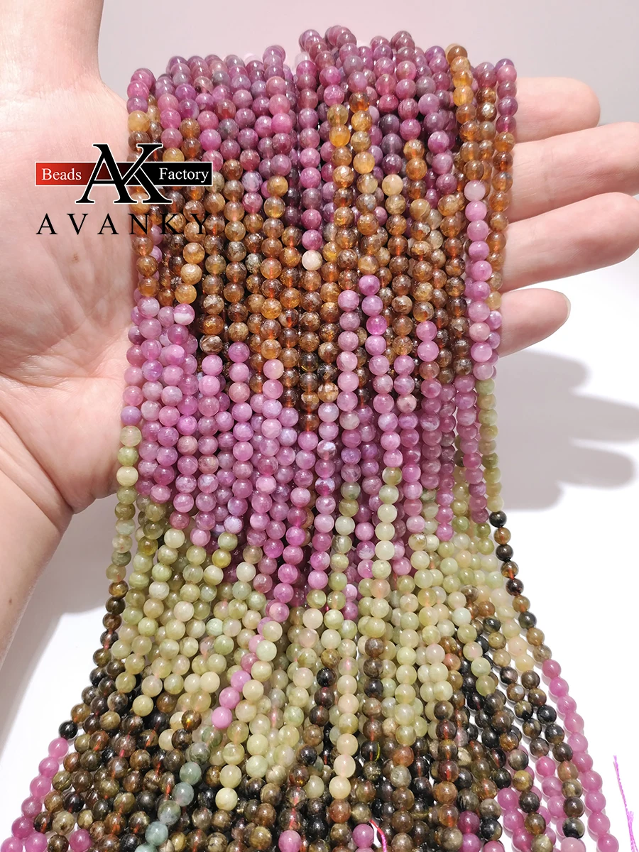 3A Natural GemStones Round Colorful Tourmaline Angel Beads 15 Inches Select Size 5MM Jewelry For Bracelet Necklace Making 5mm