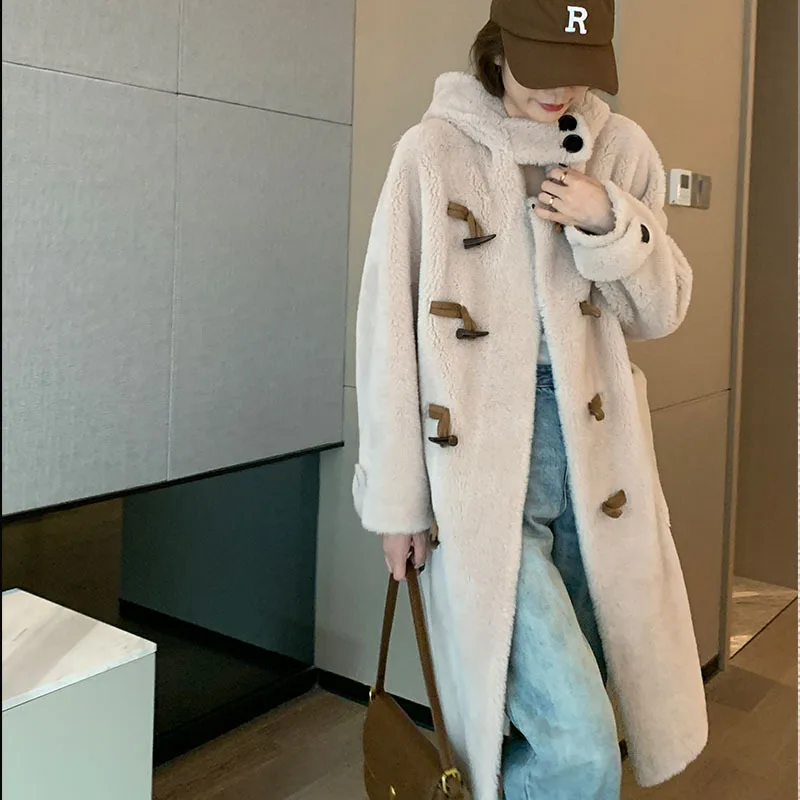 Winter long granular fleece hooded lambswool coat coat women