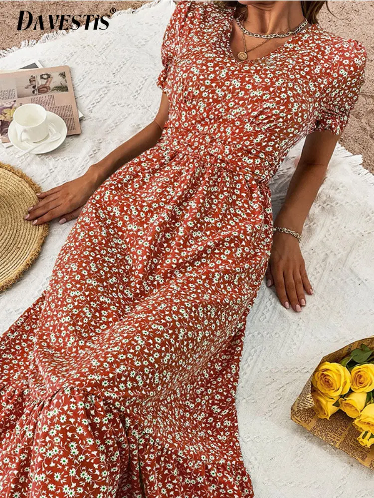 

Женское платье с V-образным вырезом и коротким рукавом, черное свободное дышащее платье с цветочным принтом, Повседневное платье-годе, лето 2023