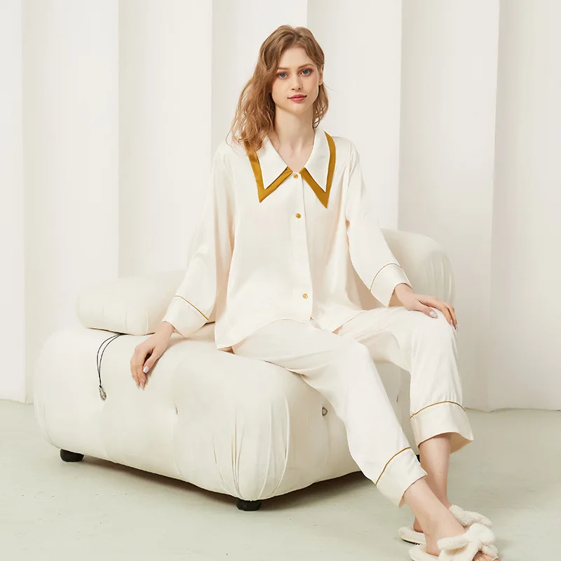 Elegant Silk Women Pajamas Set Turn-down Collar White Color Sleepwear Homewear Autumn Winter Pyjamas Two Pieces Nightwear