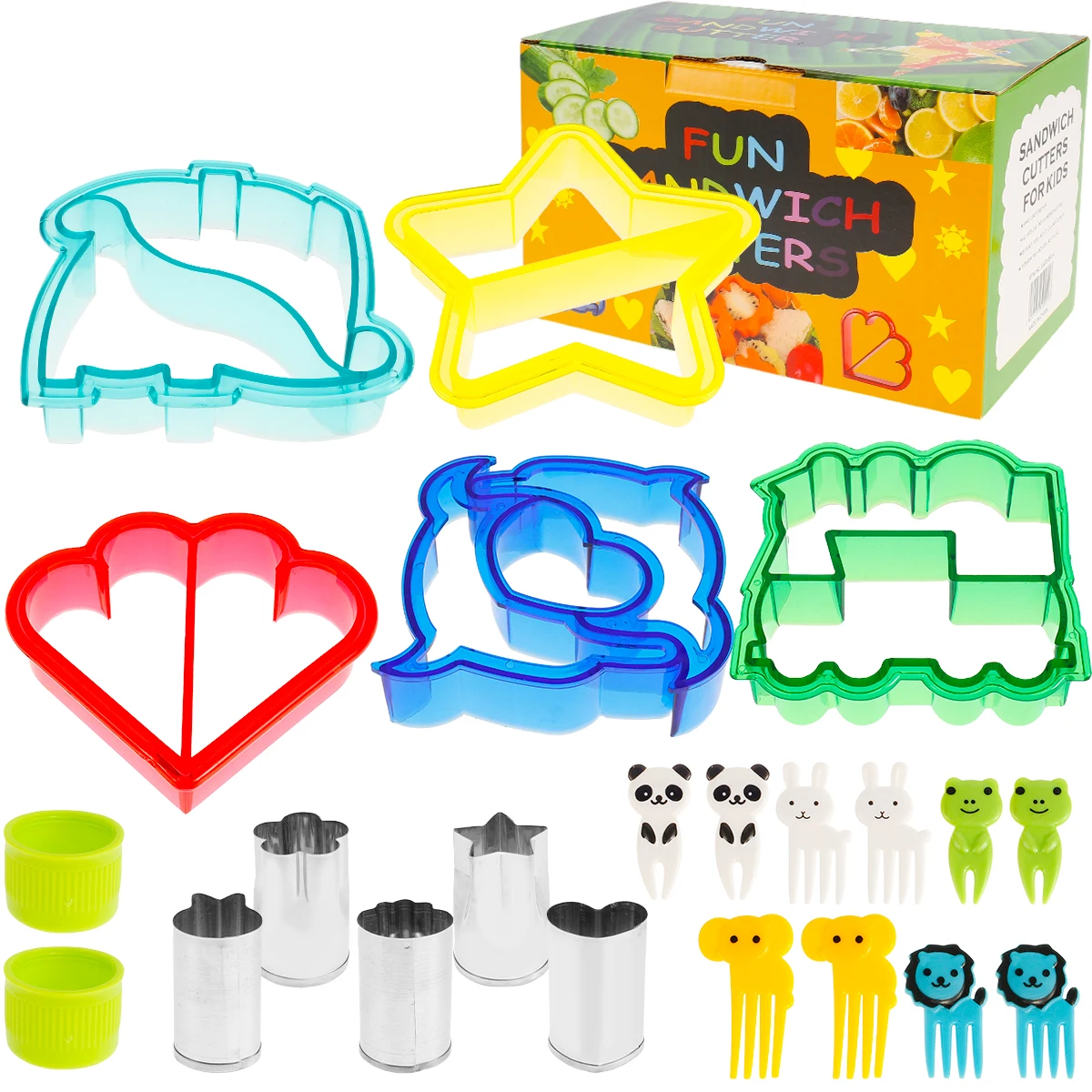 

20pcs Sandwich Cutters Shapes Set for Kids Stainless Steel Cookie Cutters Kit with 10 Animal Fruit Forks Mini Vegetables Fruit