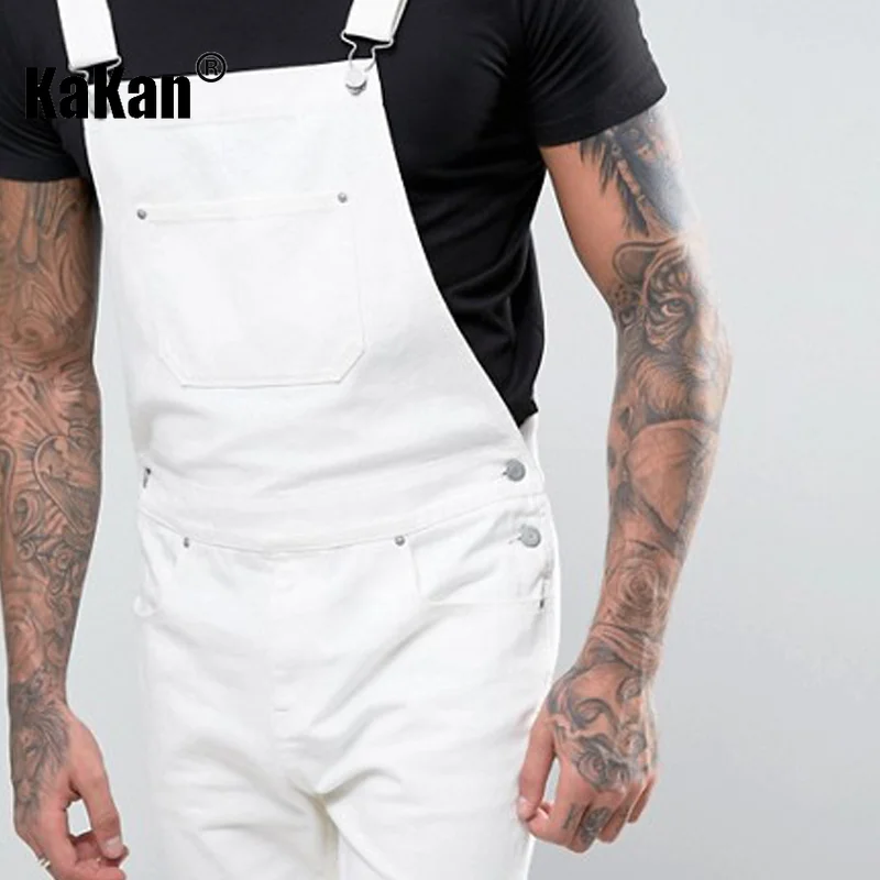 Kakan - New Street Trendy Men's Strap Short Jeans From Europe and America, White Straight Strap One Piece Jeans K34-211