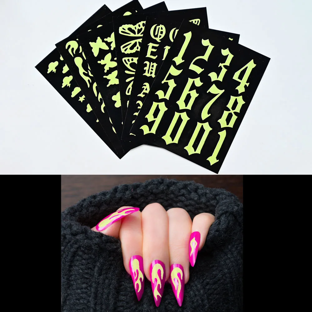 

6pcs/Set Luminous Nail Stickers Fluorescent Butterfly/Flame/Clouds/Numbers/Letters Sliders Glow In The Dark Manicure Decals Cool