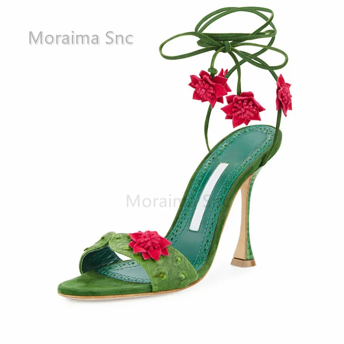 

Red Petal Green Strappy Stiletto Sandals for Women Summer 2023 New Ankle Winding Lace Up Women's Shoes Party Dress High Heels