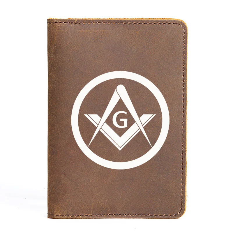 Genuine Leather Passport Cover Round Masonic Symbol Vintage Slim ID Card Holder Pocket Case Travel Wallet BX918