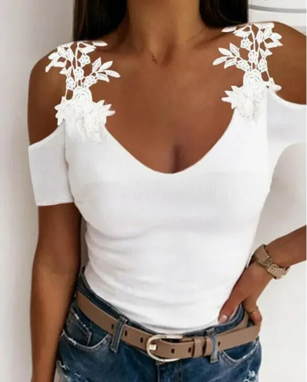 

Elegant Tops for Women 2022 Summer New Fashion V-Neck Short Sleeve Contrast Lace Off Shoulder Women's Casual Top