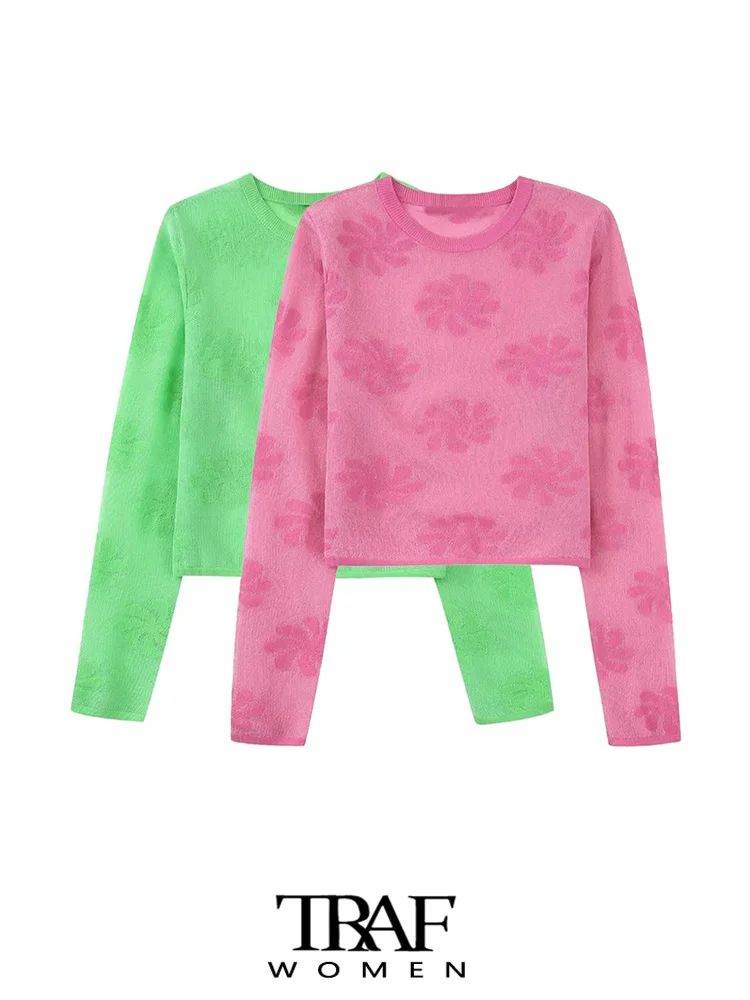 

Женский полупрозрачный вязаный свитер с цветочным принтом и круглым вырезом