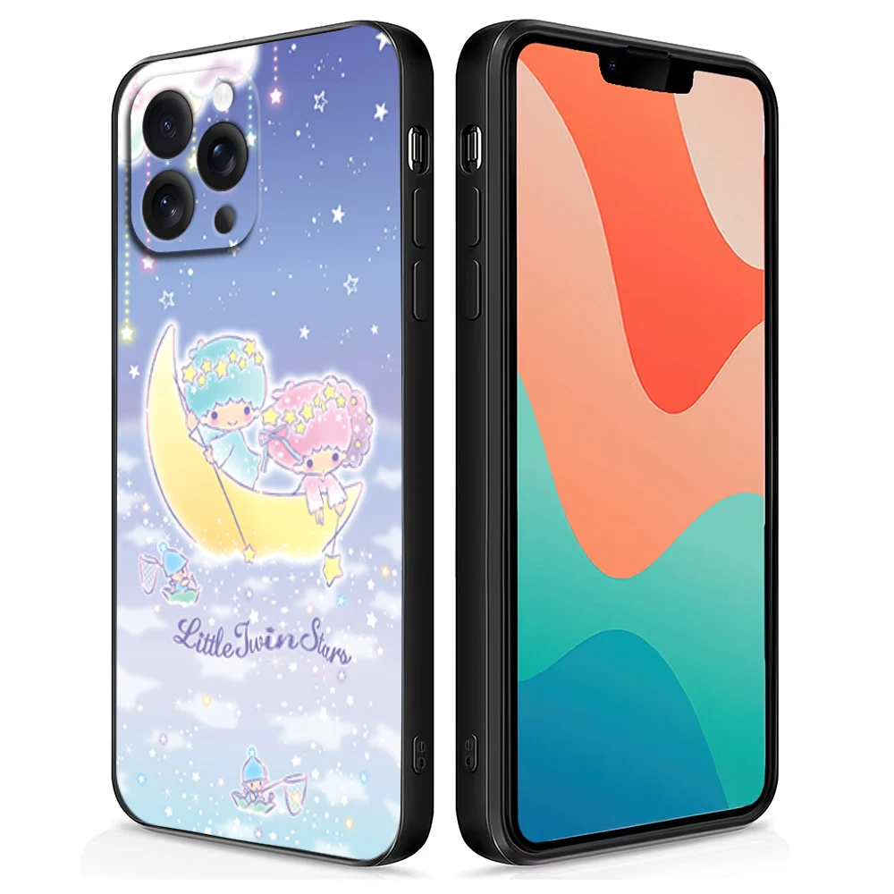 MINISO L-Little Twin S-Stars K-KiKi L-Lala Cute Phone Case for iPhone 12 11 14 15 13 16 Max Plus Pro Black Soft Silicone Cover