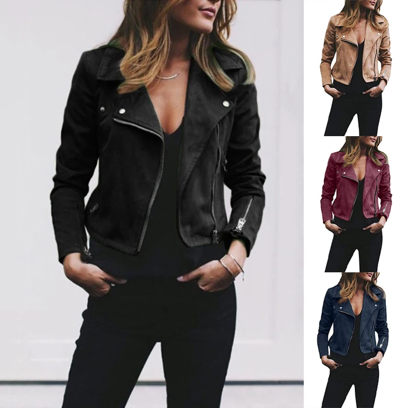 

2023 Autumn Winter Women's Fashion Slim Fit Short Coat Top Solid Color Lapel Diagonal Zipper Cardigan Jacket Ladies Blazer Suede