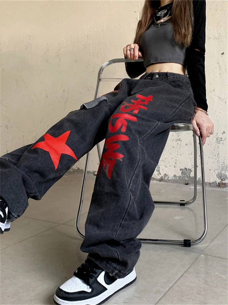 

High Waist Women Ripped Jeans Vintage Streetwear Pentagram Straight Baggy Trouser Fashion Casual New Autumn Wide Leg Denim Pants