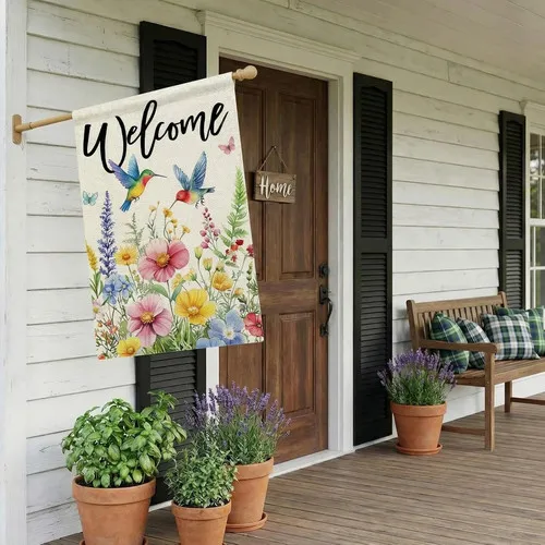 Фото Флаг Spring House с цветочным узором и изображением колибри, двусторонний, 28x40 дюймов, ZZY №3