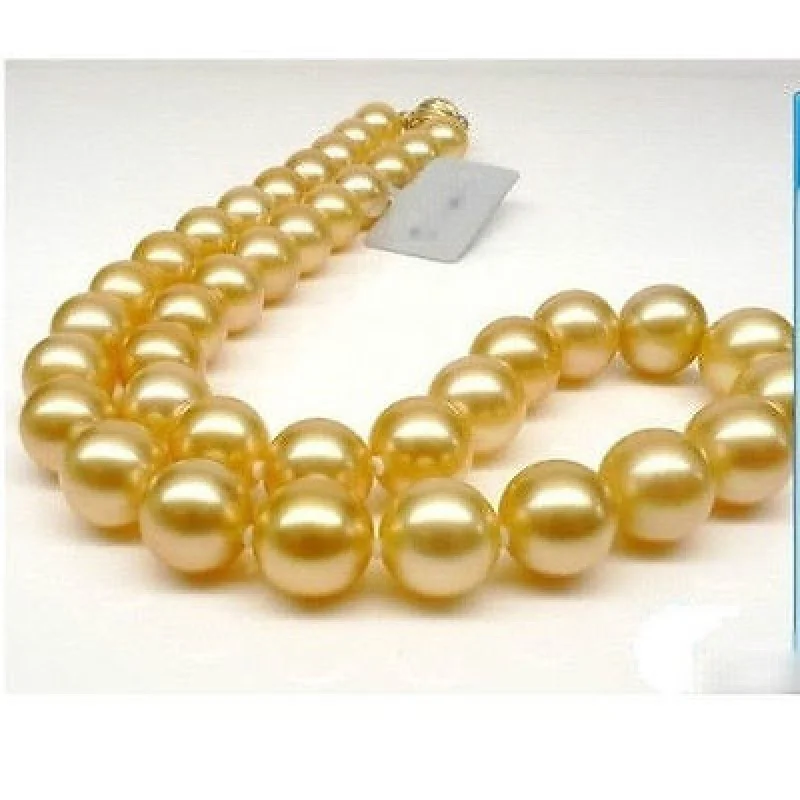 

GENUINE Huge 18"; Round 10-9 mm AAA south sea golden pearls Necklace 14K Gold clasp