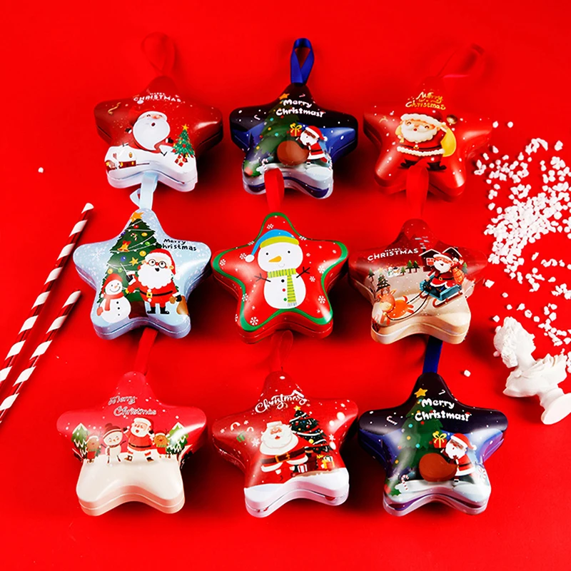 

Christmas Pentagram Shaped Tin Case Christmas Santa Claus Snowman Biscuits Candy Box Gift Packaging Box Metal Sealed Jar