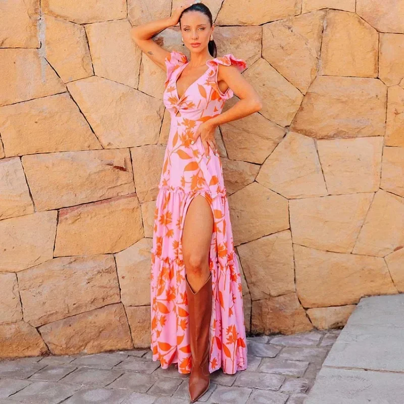 Женский купальник и юбка для отдыха V-образный вырез с принтом оранжевых листьев