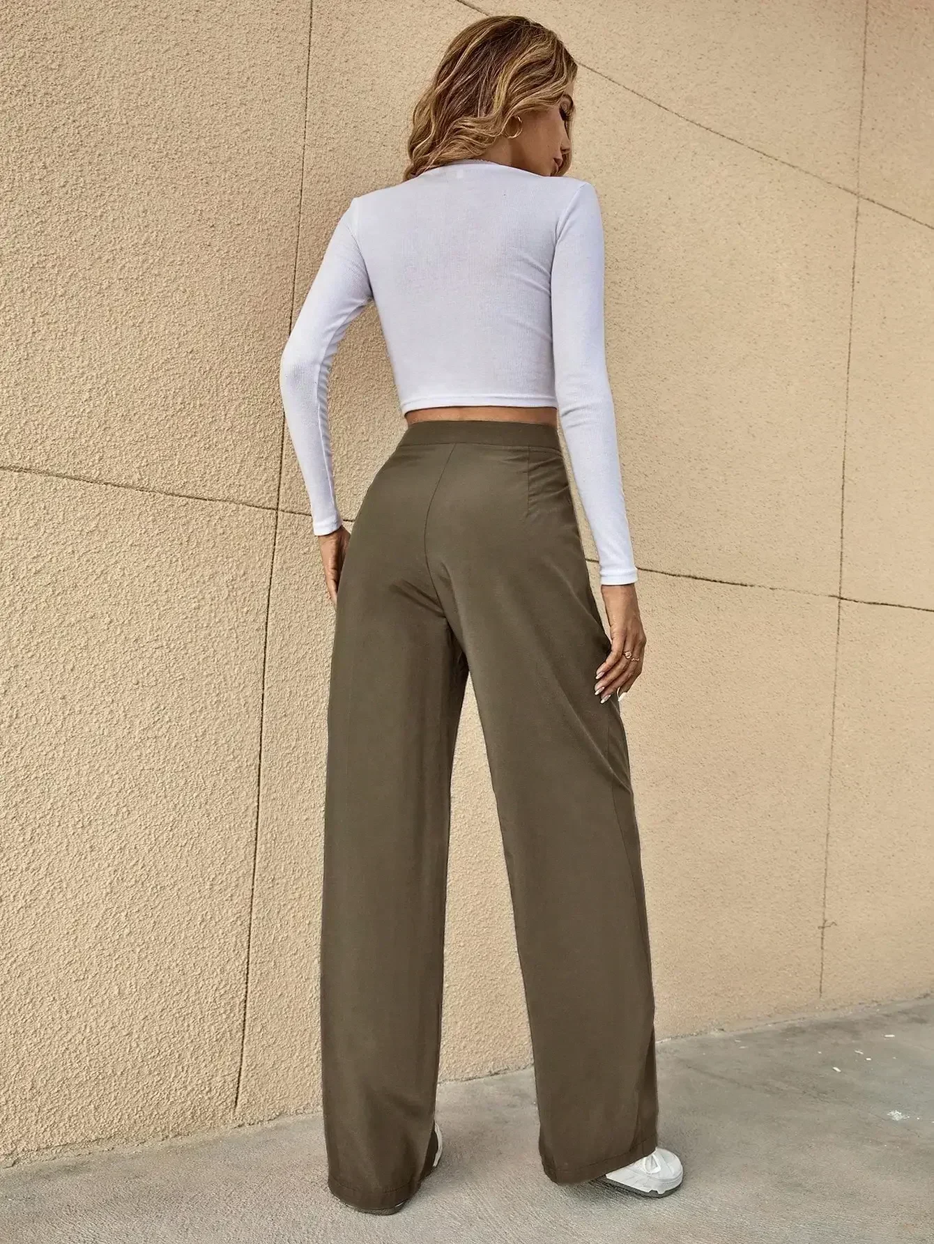 Женские Повседневные Прямые Брюки Весна/лето Серые Драпированные Со Средней