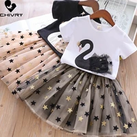 two piece girls clothing sets summer 2022 baby girl short sleeve o neck swan print t shirts tops with gauze star sequins skirt