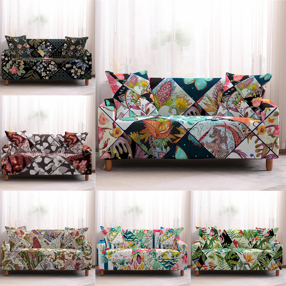 

Plant Themed Stretch 3 Seat Sofa Cover Plaid Background All-inclusive Furniture Protector Living Room Couch Cover Home Decor