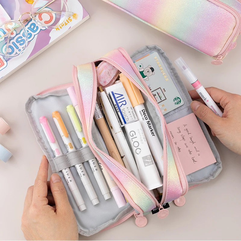 Creative Multi-layer Zipper Pencil Case Large Capacity Multi-functional Rainbow Student Pen Bags Box School Stationery Supplies