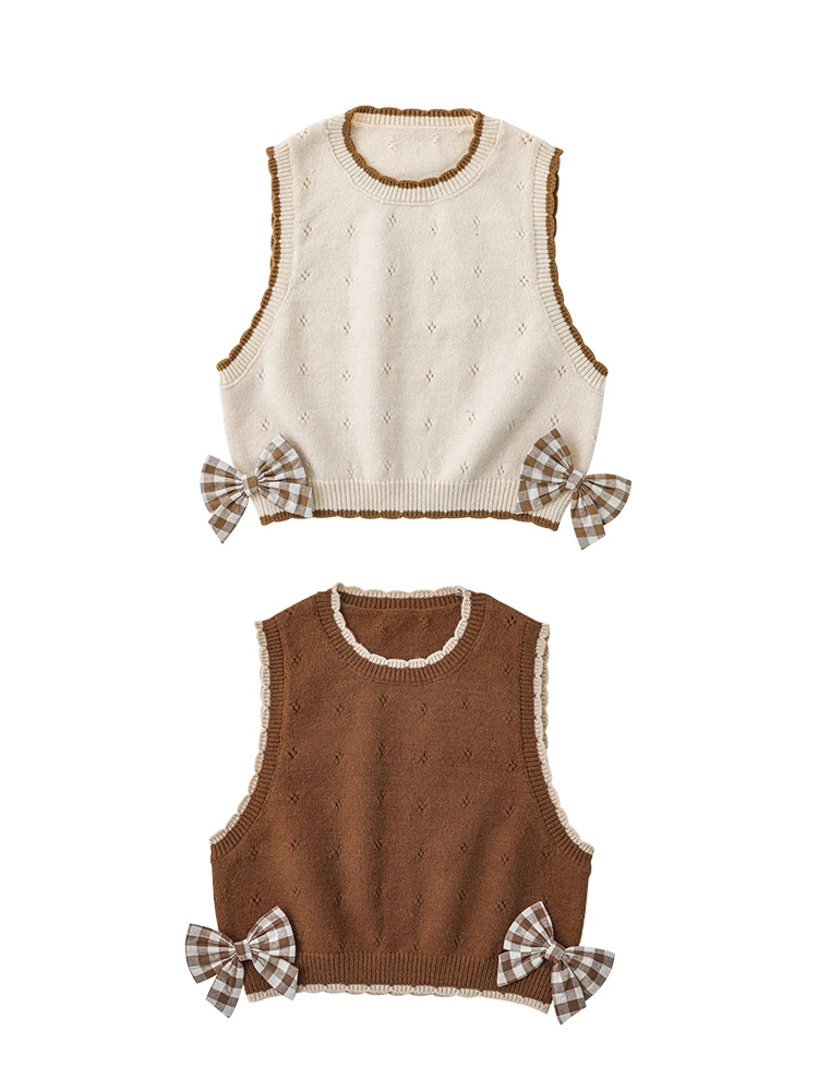 Свитер для девочек с бантом жилет Весенняя новинка жаккардовый вязаный