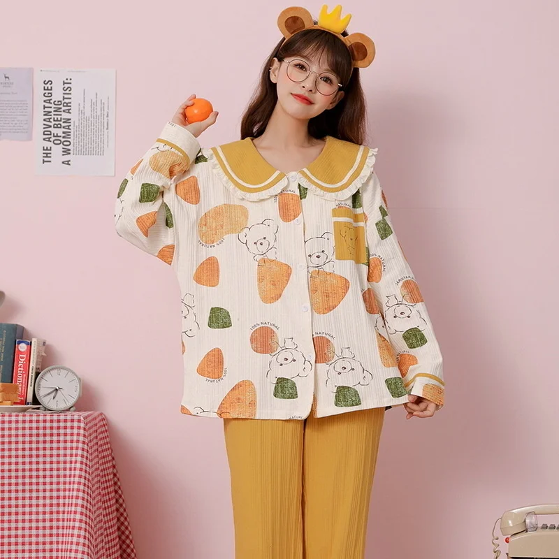 spring new cardigan pajamas women's pure cotton sweet  lovely lapel loose long sleeved trousers autumn  winter home clothes