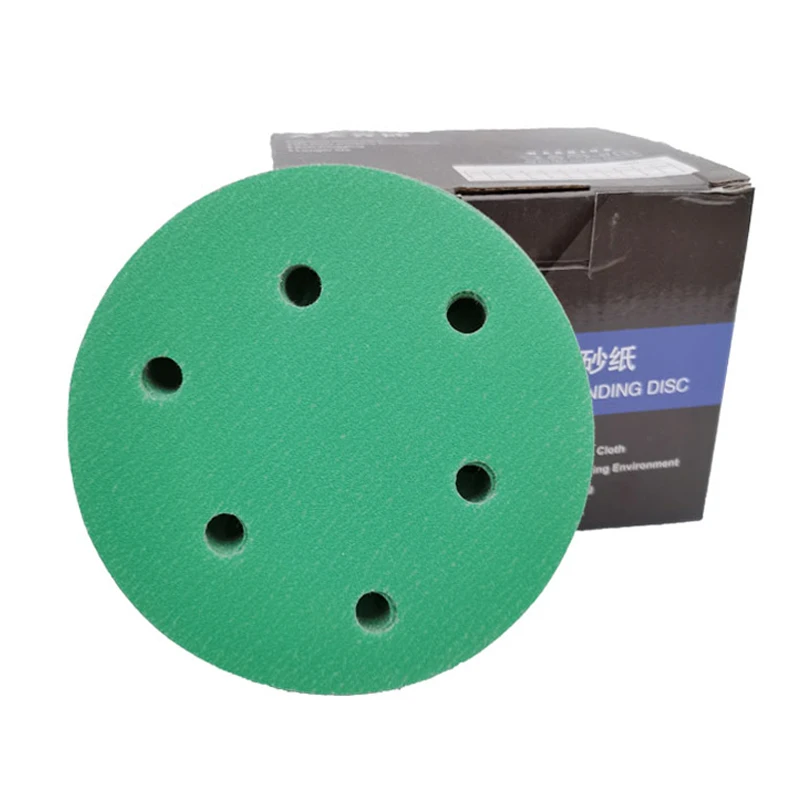 Green 5 inch 6 Hole Round Sandpaper For Grinding and Polishing Car Dry Self-adhesive Flocking Pneumatic Machine