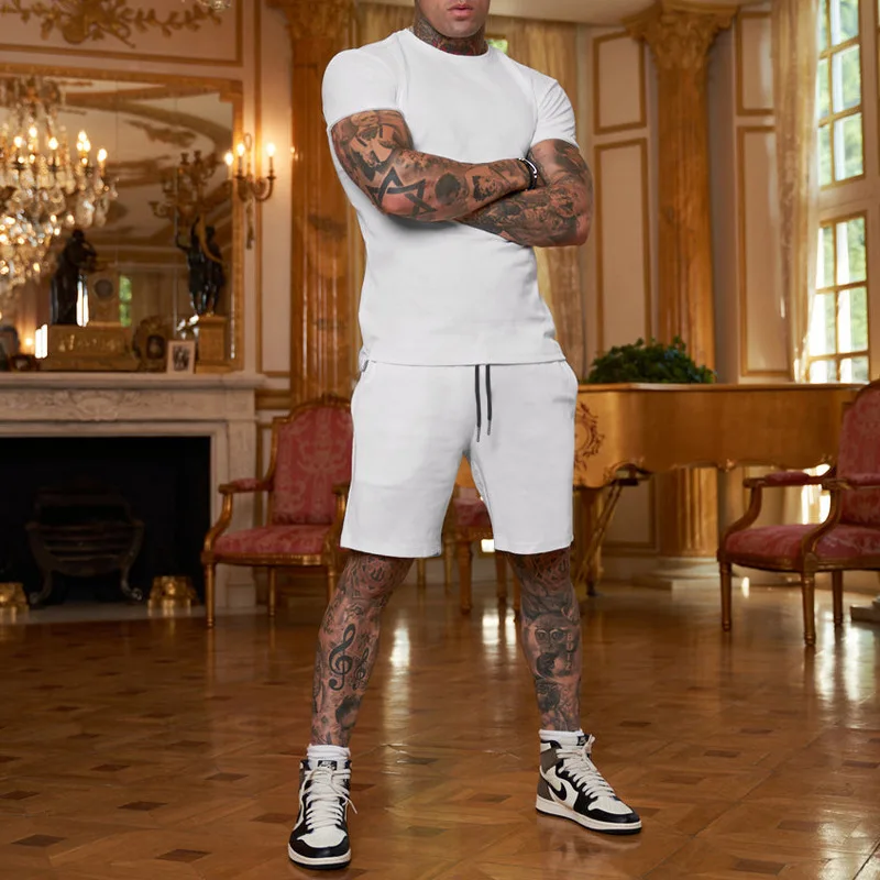 2023 New Summer Thin Solid Color Short-sleeved T Shirts and Shorts Two Piece Set Sports Suit Summer Men's Suit Ropa De Hombre