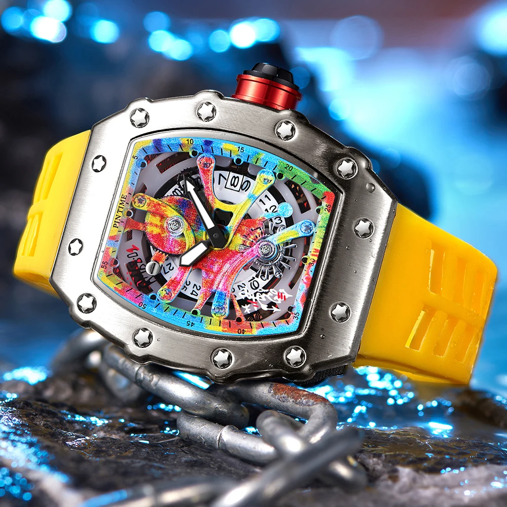 Modern Design Men Watch Sports Luminous Waterproof Military Automatic Diamond Watch for Man Boys Silicone Strap Tonneau Dial