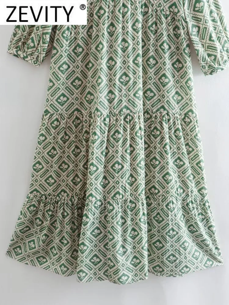 Zevity Women Vintage Geometric Floral Print Pleats Midi Shirt Dress Female Chic V Neck Lace Up Casual Retro Vestidos DS1811