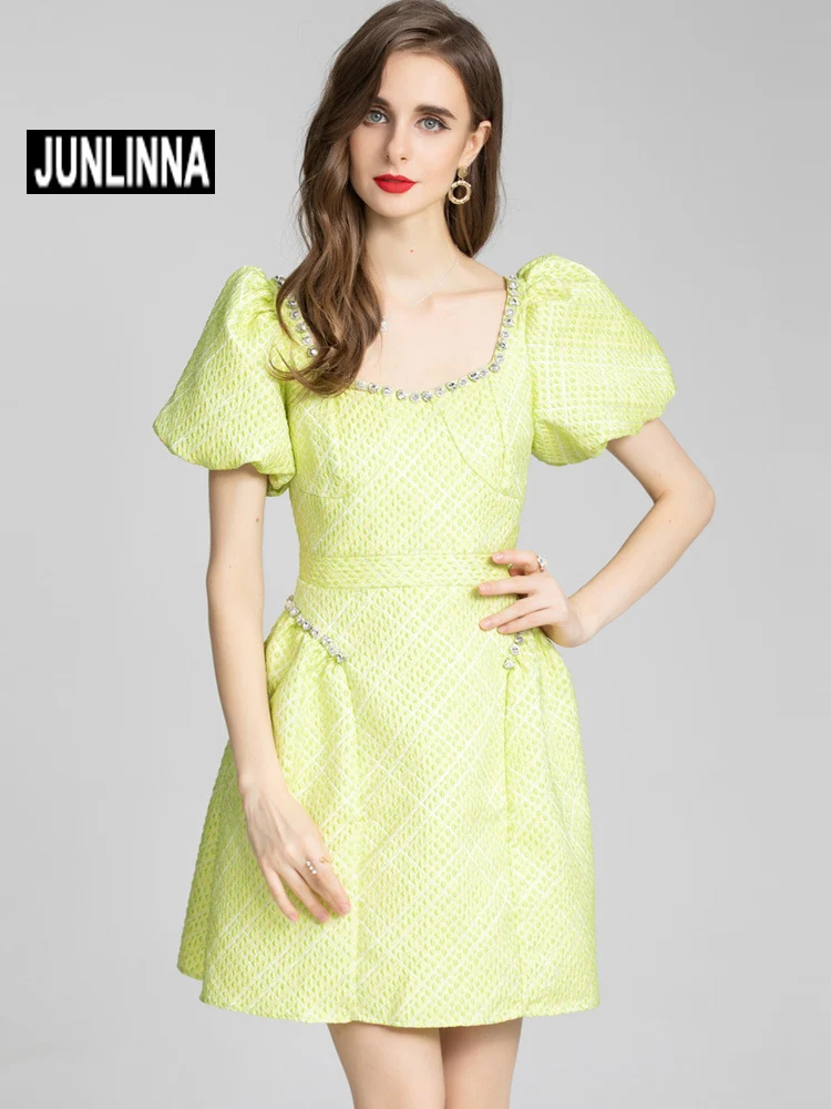 

Women SummerJUNLINNA 2022 Summer Runway Fashion Women Dress Elegant Embroidery and Crystal BeadingSlim Mini Vestidos